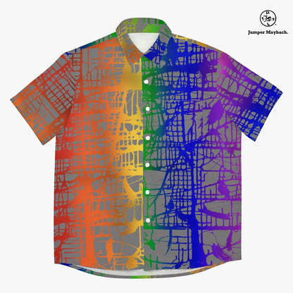 Rainbow Matrix Resort unisex shirt by Jumper Maybach, featuring colorful geometric patterns, worn by a person in casual setting.