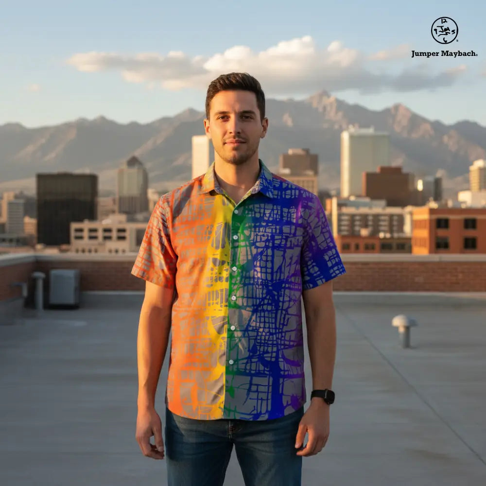 Rainbow Matrix Resort unisex shirt by Jumper Maybach, featuring vibrant rainbow matrix design in casual men's clothing style.