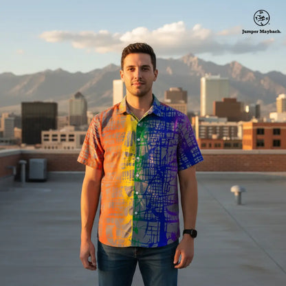 Rainbow Matrix Resort unisex shirt by Jumper Maybach, featuring vibrant rainbow matrix design in casual men's clothing style.