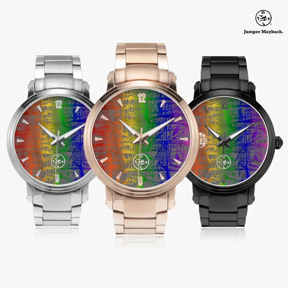 Rainbow Matrix Steel Strap Automatic Watch by Jumper Maybach® with indicators, featuring a sleek steel strap and colorful dial design.