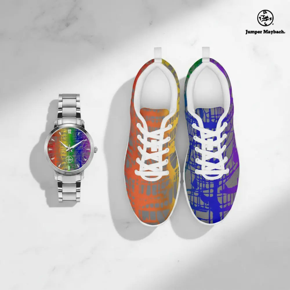 Rainbow Matrix Steel Strap Automatic Watch by Jumper Maybach with indicators, featuring a colorful, modern design on a flat-lay view.