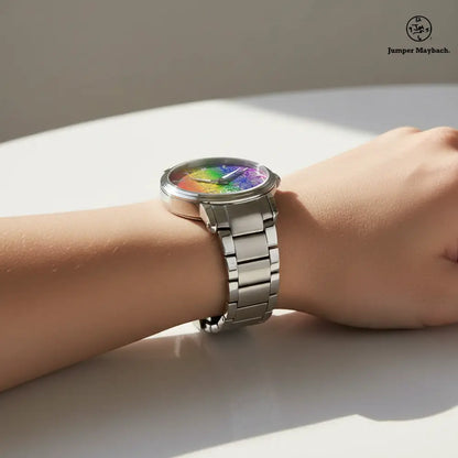 Side profile of Rainbow Matrix Steel Strap Automatic Watch by Jumper Maybach® featuring colorful rainbow dial and steel strap.