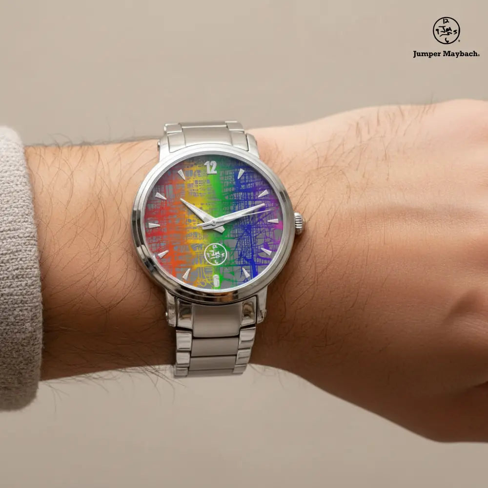 Close-up of Rainbow Matrix Steel Strap Automatic Watch by Jumper Maybach®, showing colorful dial and stainless steel band on wrist.