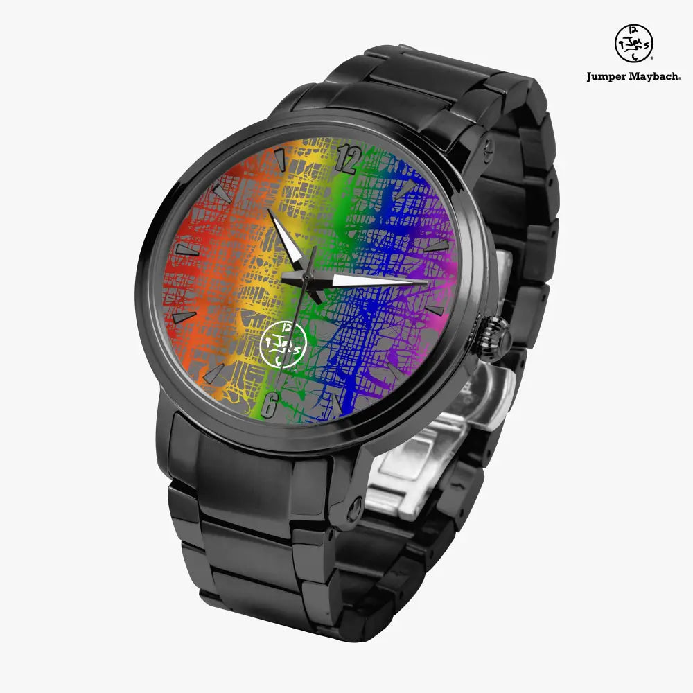 Rainbow Matrix Steel Strap Automatic Watch by Jumper Maybach with indicators, featuring a colorful dial and stainless steel band.