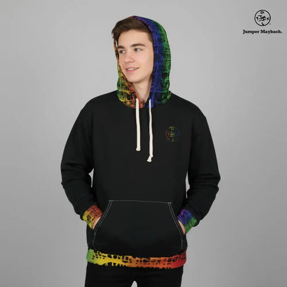 Rainbow Matrix all-over print unisex pullover hoodie by Jumper Maybach® showcasing vibrant rainbow and geometric pattern.