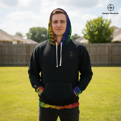 Rainbow Matrix all-over print unisex pullover hoodie by Jumper Maybach, featuring colorful geometric pattern on soft fabric.