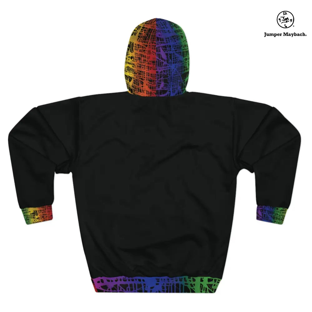Rainbow Matrix all-over print unisex pullover hoodie by Jumper Maybach®, featuring vibrant rainbow geometric patterns.
