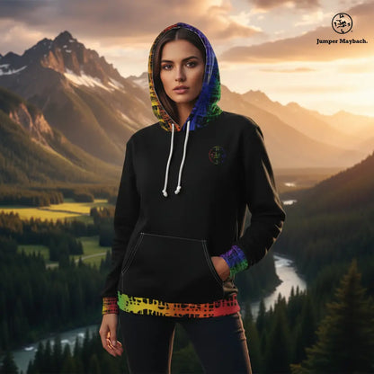 Rainbow Matrix trimmed unisex pullover hoodie with all-over print by Jumper Maybach, featuring vibrant rainbow and matrix design.