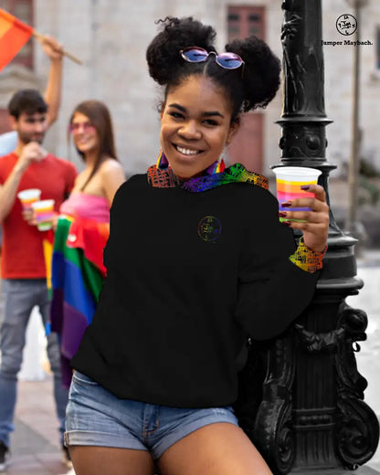 Rainbow Matrix all-over print unisex hoodie by Jumper Maybach, featuring colorful trim and cozy pullover design.
