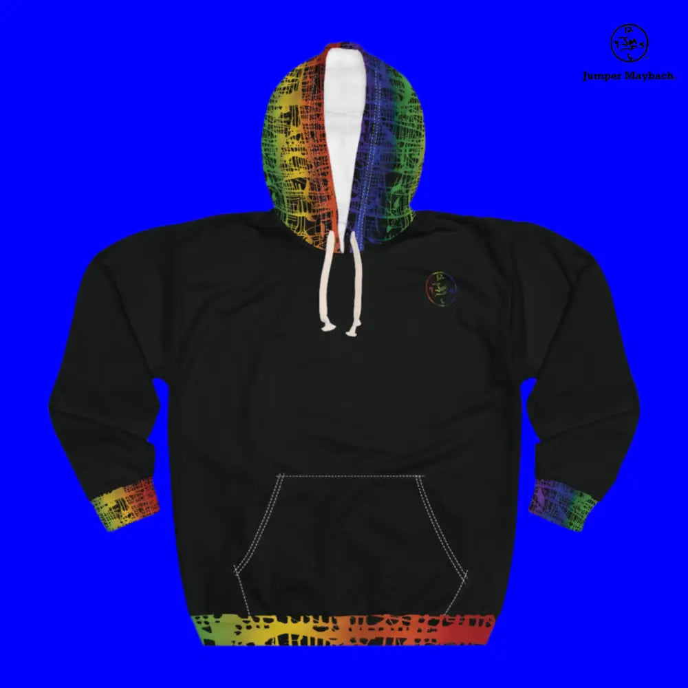 Rainbow Matrix all-over print unisex pullover hoodie by Jumper Maybach® featuring vibrant rainbow and geometric design.