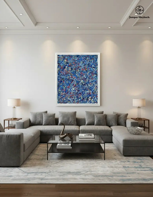 Print titled "Raining in Space" by Jumper Maybach, featuring a cosmic scene with rain-like elements on paper print.