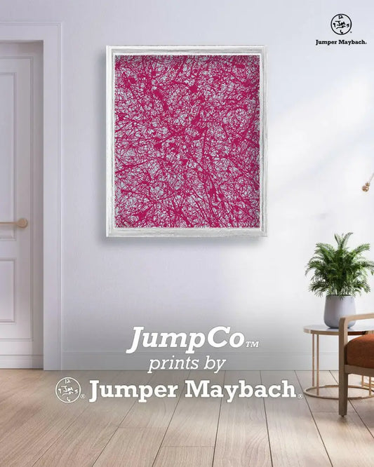 Red Galaxy print by Jumper Maybach displayed on white background, showcasing vibrant galaxy artwork on paper.