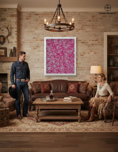 Red Galaxy print on paper by Jumper Maybach featuring vibrant cosmic artwork in a gallery setting.