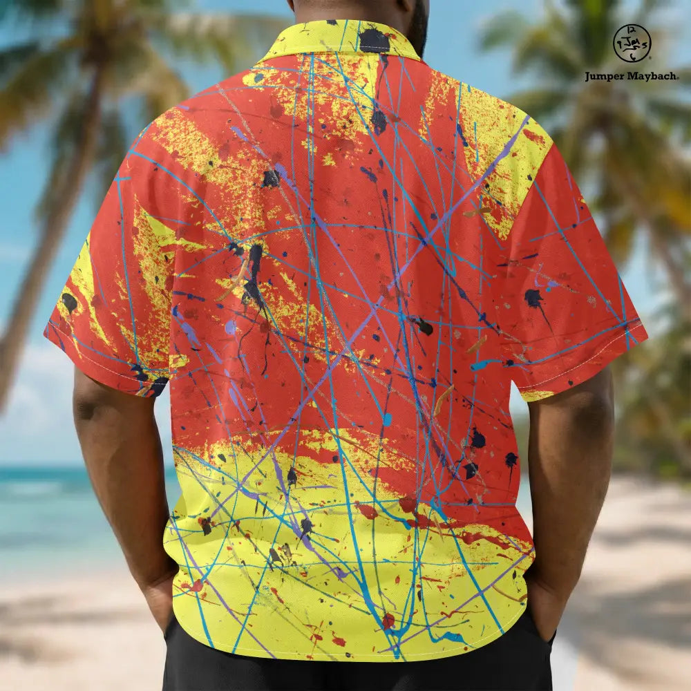 Red Rocket PLUS SIZE Resort UNISEX shirt by Jumper Maybach®, men's casual clothing with vibrant design, displayed on a hanger.