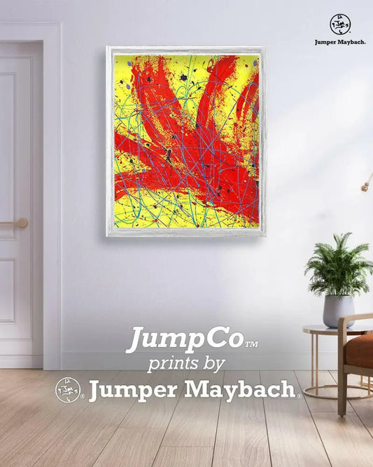 Red Rocket print on paper by Jumper Maybach, featuring a vibrant red rocket design in a white room setting.