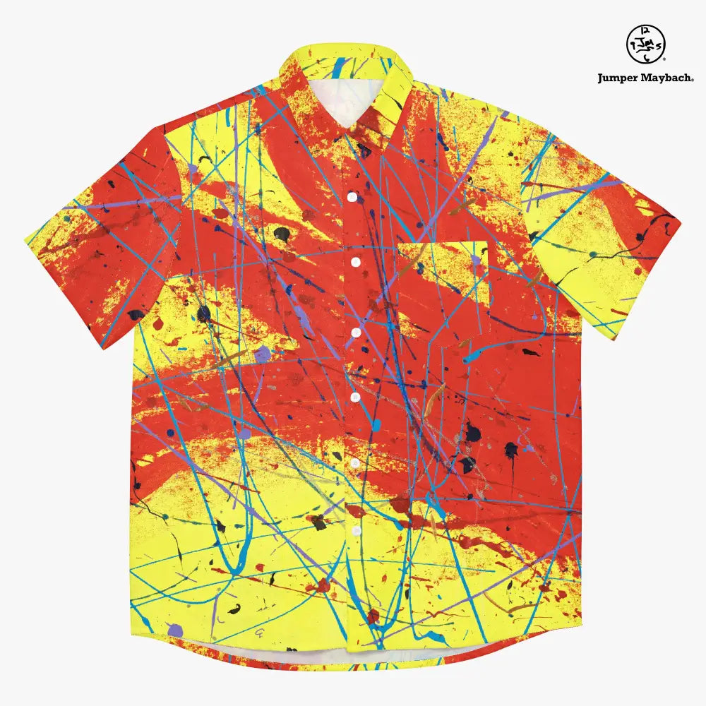 Red Rocket Resort Jumper Maybach® unisex shirt, men's clothing with vibrant design, displayed on a hanger against a white background.