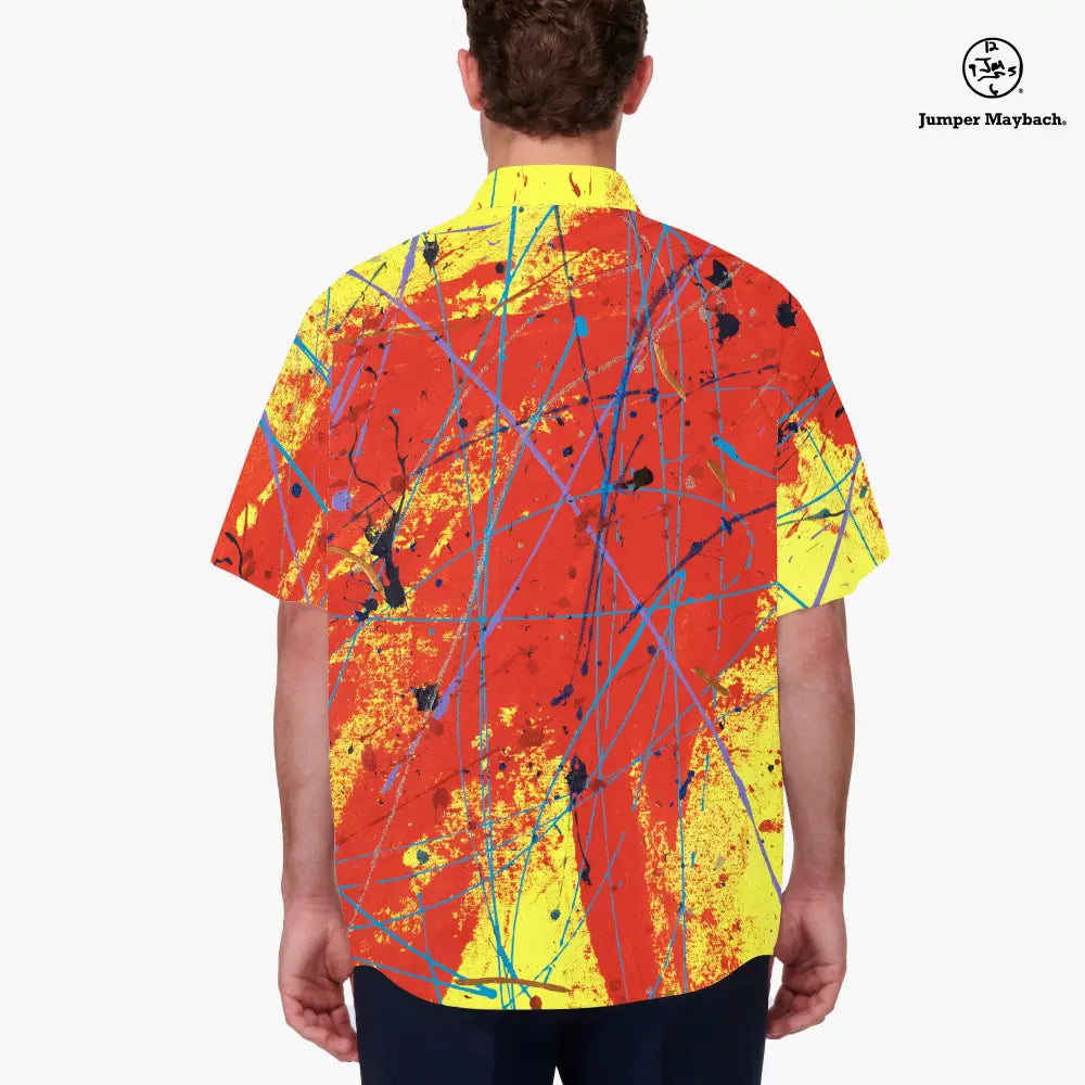Red Rocket Resort unisex shirt by Jumper Maybach, men's clothing with a vibrant rocket print displayed on fabric.