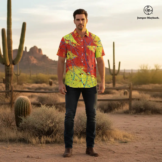 Red Rocket Resort unisex shirt by Jumper Maybach, casual men's clothing with vibrant rocket print on fabric.