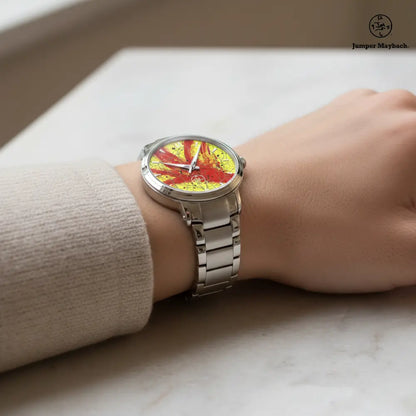 Side profile of the Red Rocket Steel Strap Automatic Watch by Jumper Maybach® with indicators, featuring a sleek steel strap design.