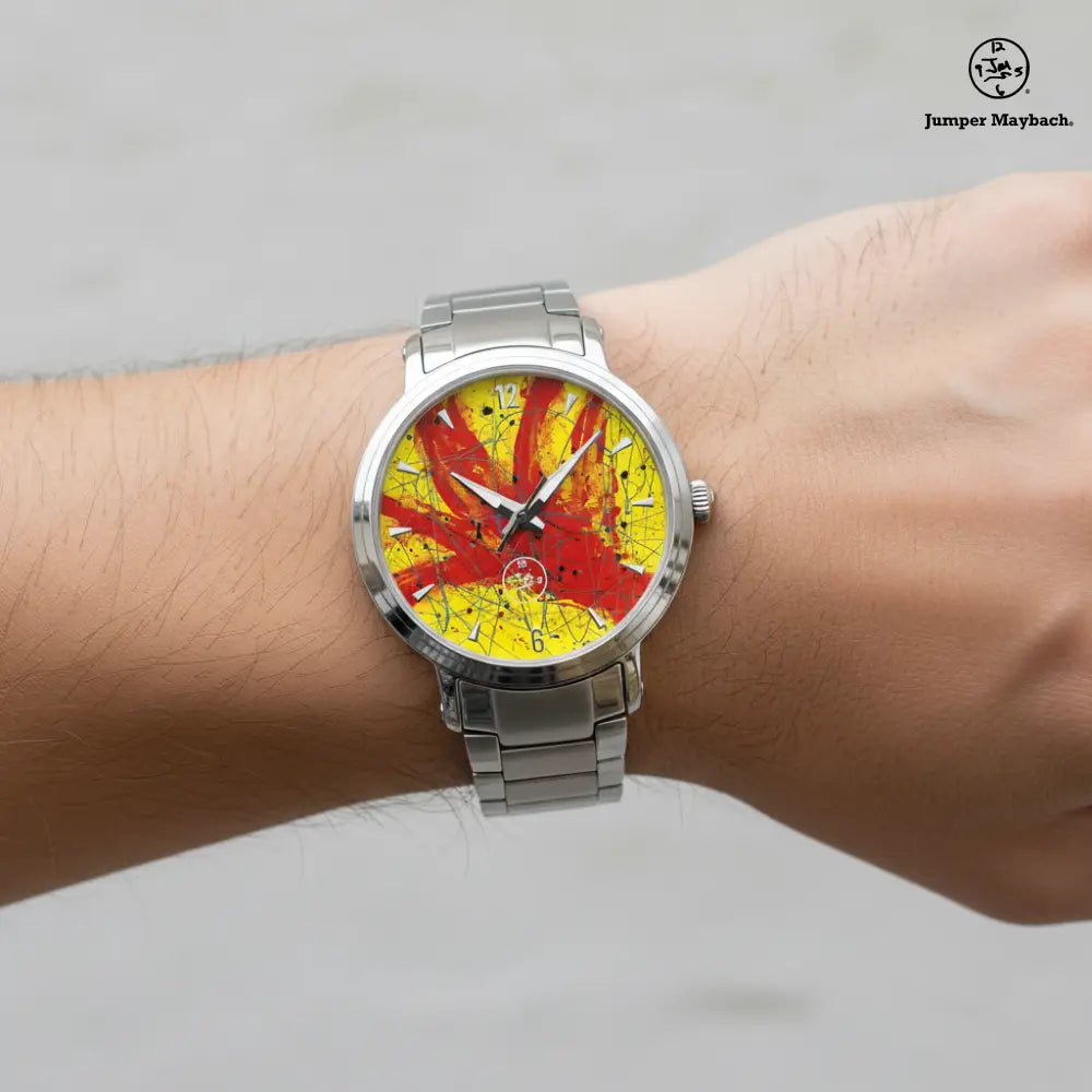 Close-up of the Red Rocket Steel Strap Automatic Watch by Jumper Maybach® on a wrist, showcasing the watch's red dial and steel strap.