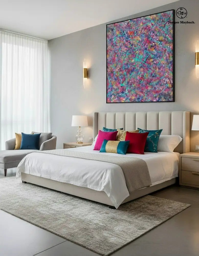 Original artwork titled Solar Soulfire by Jumper Maybach, featuring vibrant colors and abstract design, 48x60 inches.