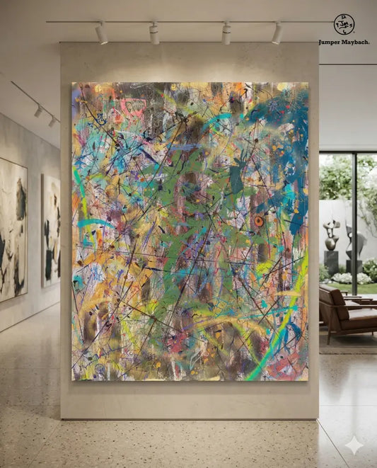 Original artwork "Star People" by Jumper Maybach showing a vibrant, cosmic-themed painting with abstract star figures and vivid colors.