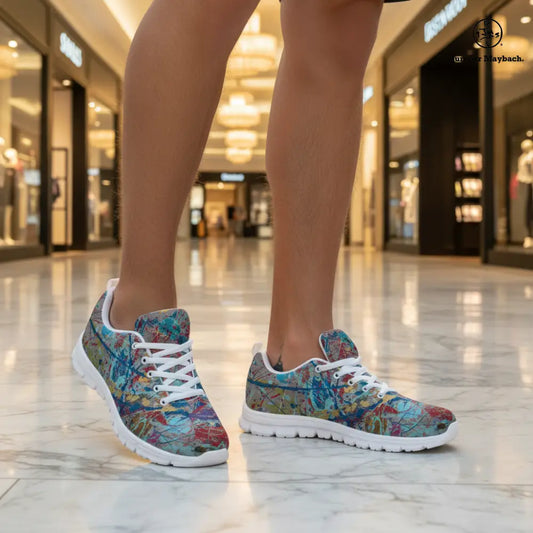 A person wearing colorful abstract-patterned sneakers in a brightly lit shopping mall corridor with marble floors and blurred storefronts in the background.