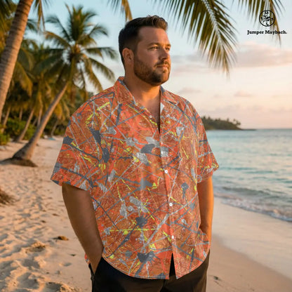Unisex Sun Star PLUS SIZE Resort shirt by Jumper Maybach® featuring a relaxed fit and vibrant sun star print, men's clothing style.