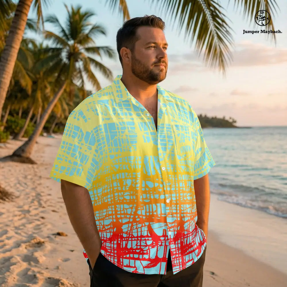 Sunrise Matrix Plus Size Resort Unisex Shirt by Jumper Maybach, men's clothing featuring vibrant, colorful abstract pattern.