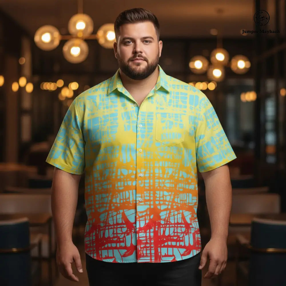 Sunrise Matrix PLUS SIZE Resort UNISEX shirt by Jumper Maybach, featuring vibrant print, casual fit, and unisex design for men's clothing.