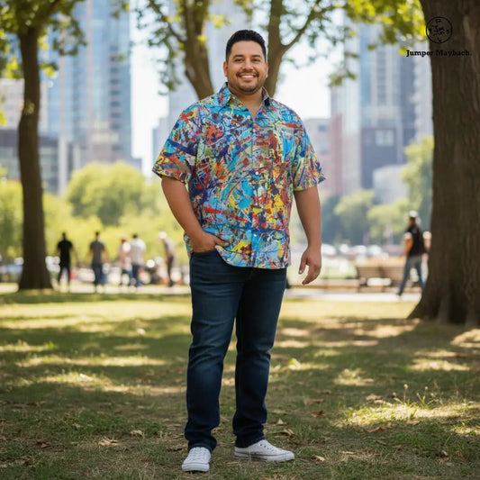 Unisex Taffy Galaxy PLUS SIZE Resort Shirt by Jumper Maybach® featuring a colorful galaxy print, casual men's clothing.