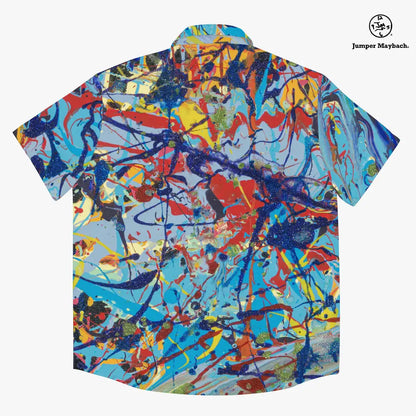Unisex Taffy Galaxy Resort shirt by Jumper Maybach, featuring vibrant galaxy and taffy swirl design, men's casual clothing.