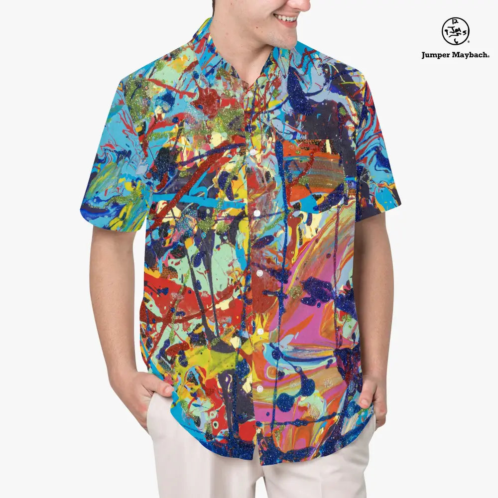 Unisex Taffy Galaxy Resort shirt by Jumper Maybach® featuring a colorful, galaxy-inspired design, casual men's clothing style.