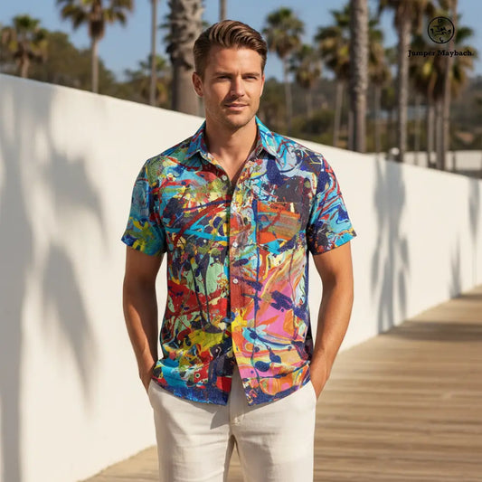 Unisex Taffy Galaxy Resort shirt by Jumper Maybach® featuring vibrant galaxy print, casual men's clothing style.