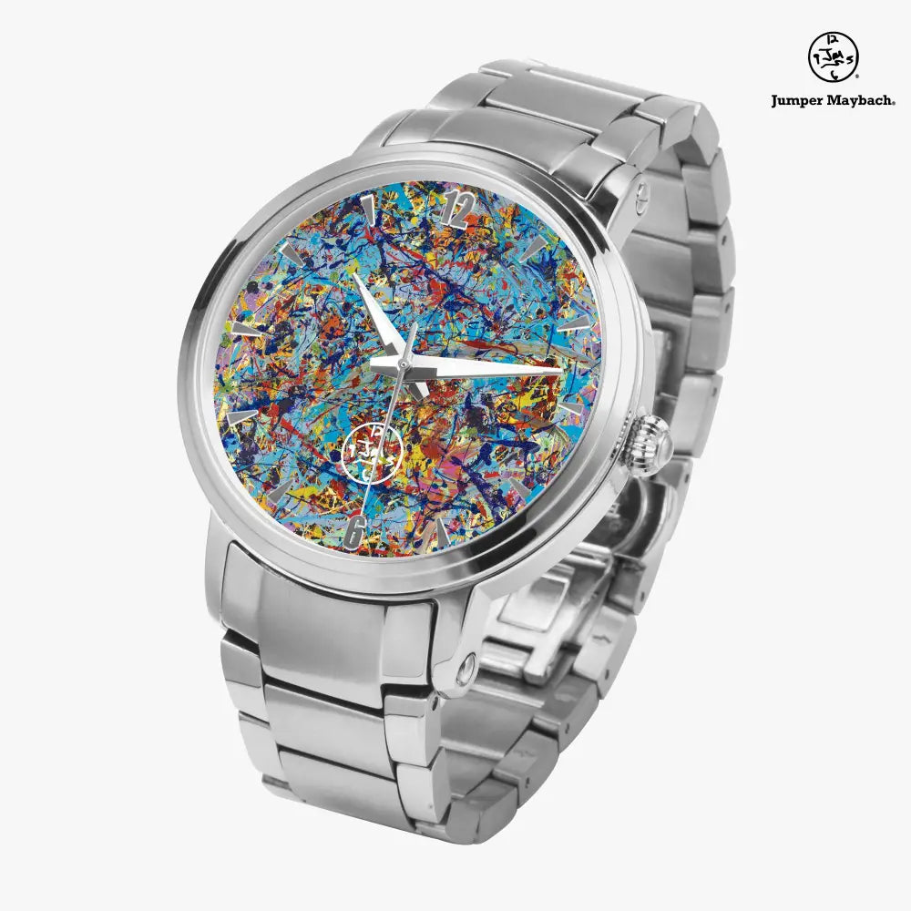 JetPrint Fulfillment Taffy Galaxy Steel Strap Automatic Watch with indicators, sleek silver steel strap and modern design.