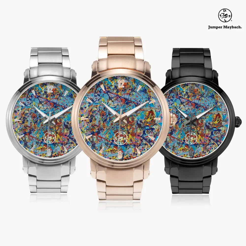 JetPrint Fulfillment Taffy Galaxy Steel Strap Automatic Watch with indicators, sleek silver stainless steel band, detailed dial.