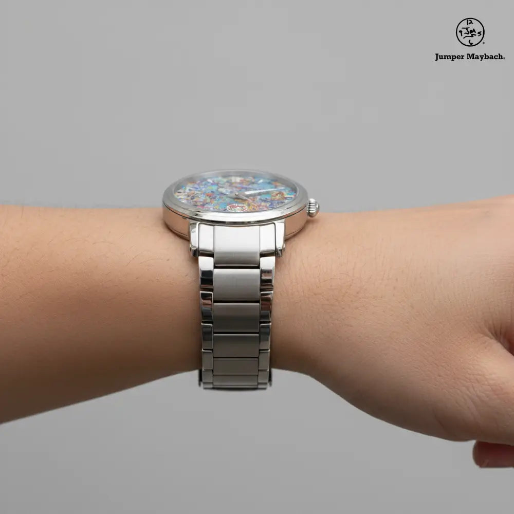 Side profile of JetPrint Fulfillment Taffy Galaxy Steel Strap Automatic Watch with indicators by Jumper Maybach®.