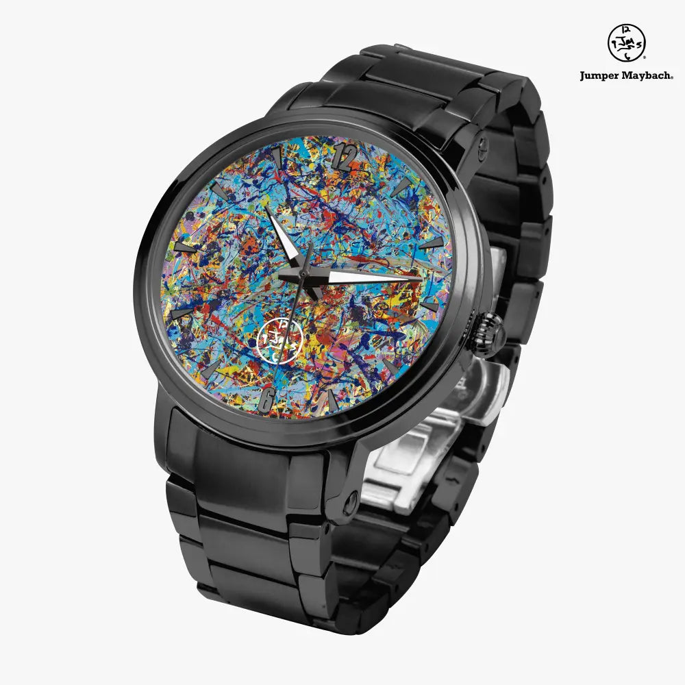 JetPrint Fulfillment Taffy Galaxy Steel Strap Automatic Watch with indicators, featuring a sleek steel band and detailed dial.