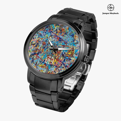 JetPrint Fulfillment Taffy Galaxy Steel Strap Automatic Watch with indicators, featuring a sleek steel band and detailed dial.