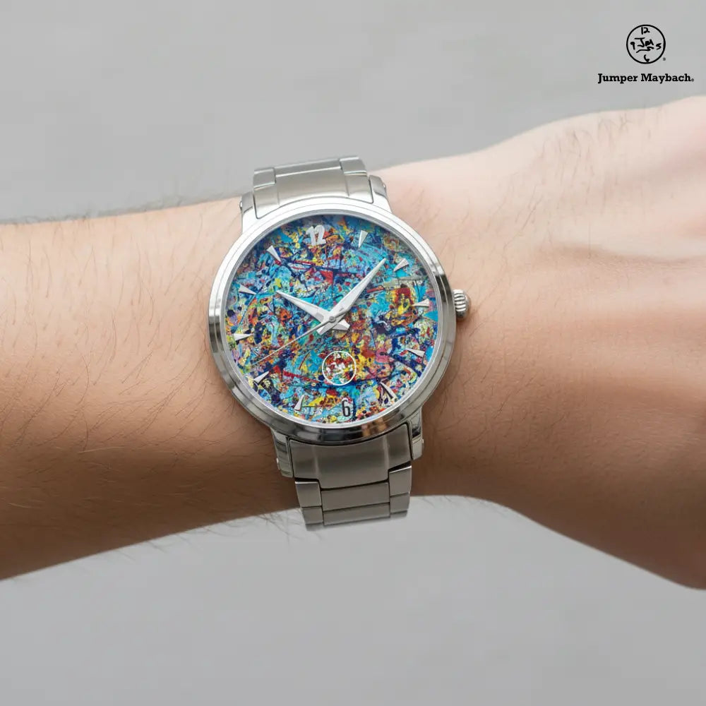 Close-up of Taffy Galaxy Steel Strap Automatic Watch by Jumper Maybach® showing its indicator details on a wrist.