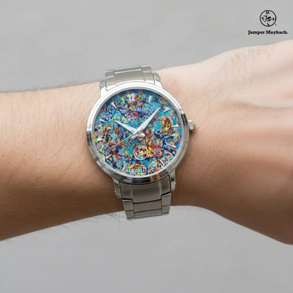 Close-up of Taffy Galaxy Steel Strap Automatic Watch by Jumper Maybach® showing its indicator details on a wrist.