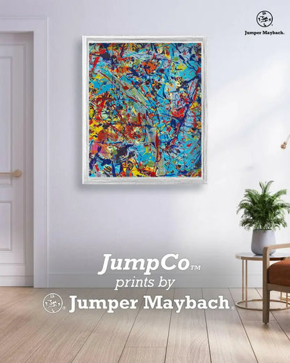 Colorful Taffy Galaxy Whew print on paper by Jumper Maybach, featuring vibrant abstract taffy-like shapes in a white room setting.