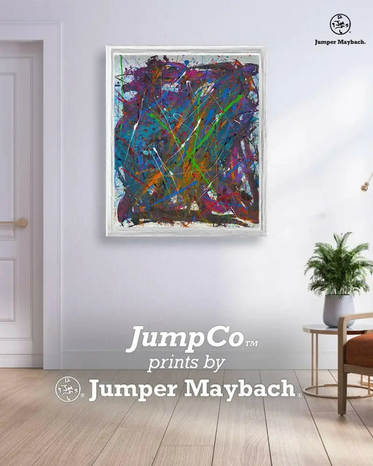 Venetian Rhapsody print on paper by Jumper Maybach featuring vibrant abstract art in a white room setting.