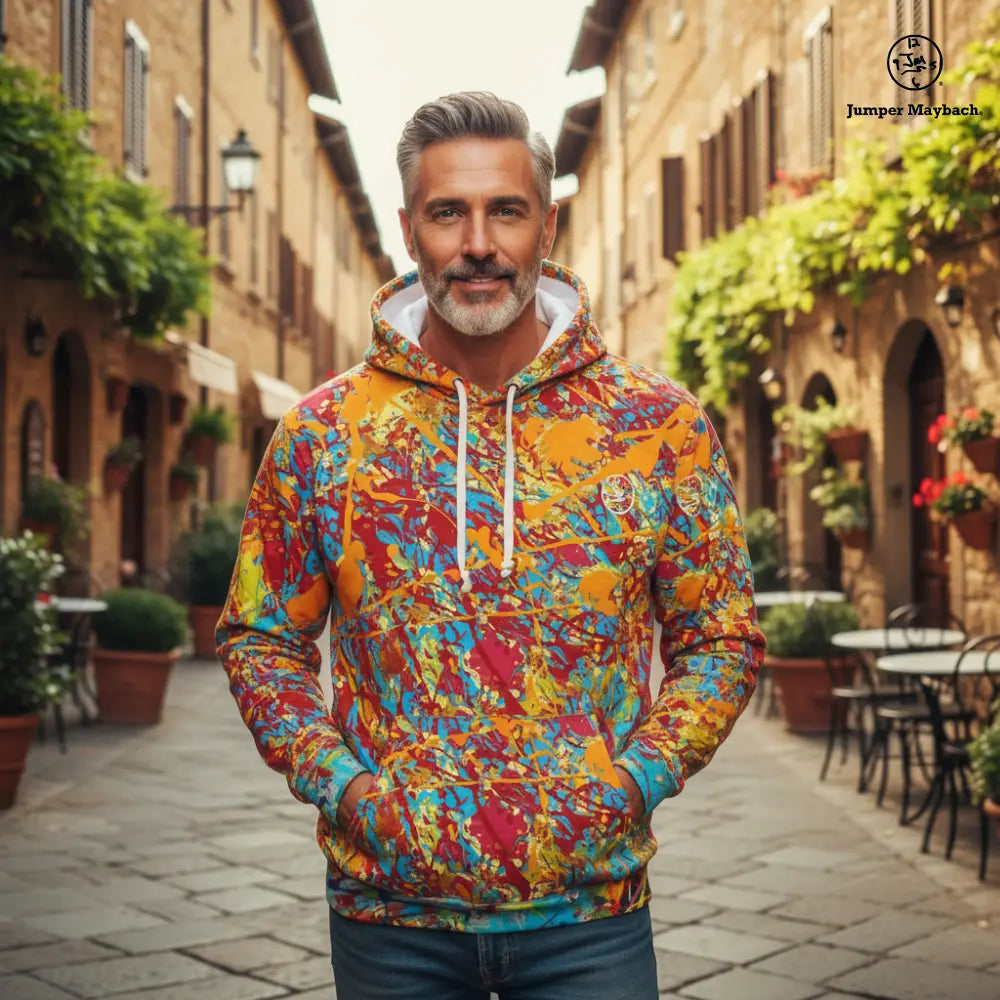 All-over print World Jumper hoodie by Jumper Maybach® featuring vibrant, colorful design on a unisex pullover hoodie.