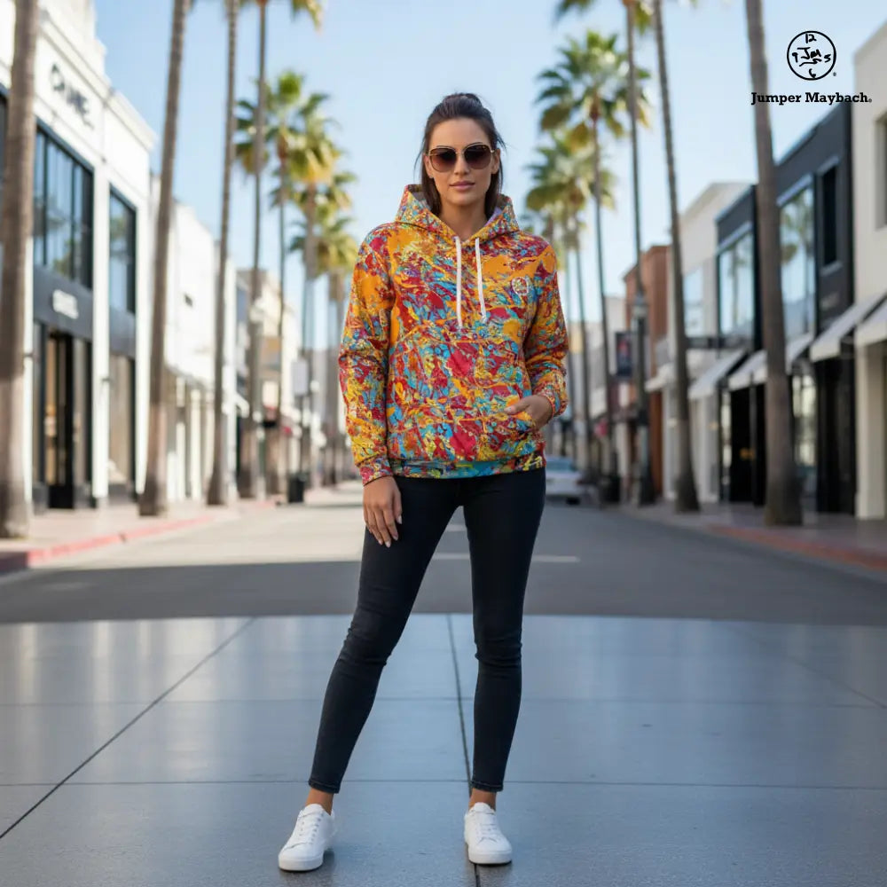 All over print unisex jumper hoodie by Jumper Maybach® featuring vibrant, detailed graphic design on a comfortable pullover style.