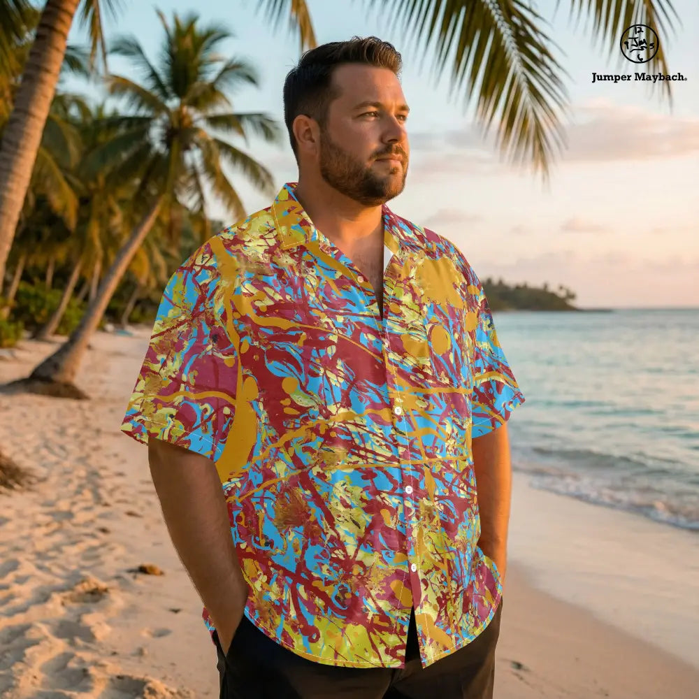 World Jumper PLUS SIZE Resort UNISEX shirt by Jumper Maybach, casual men's clothing in vibrant print, displayed on a hanger.