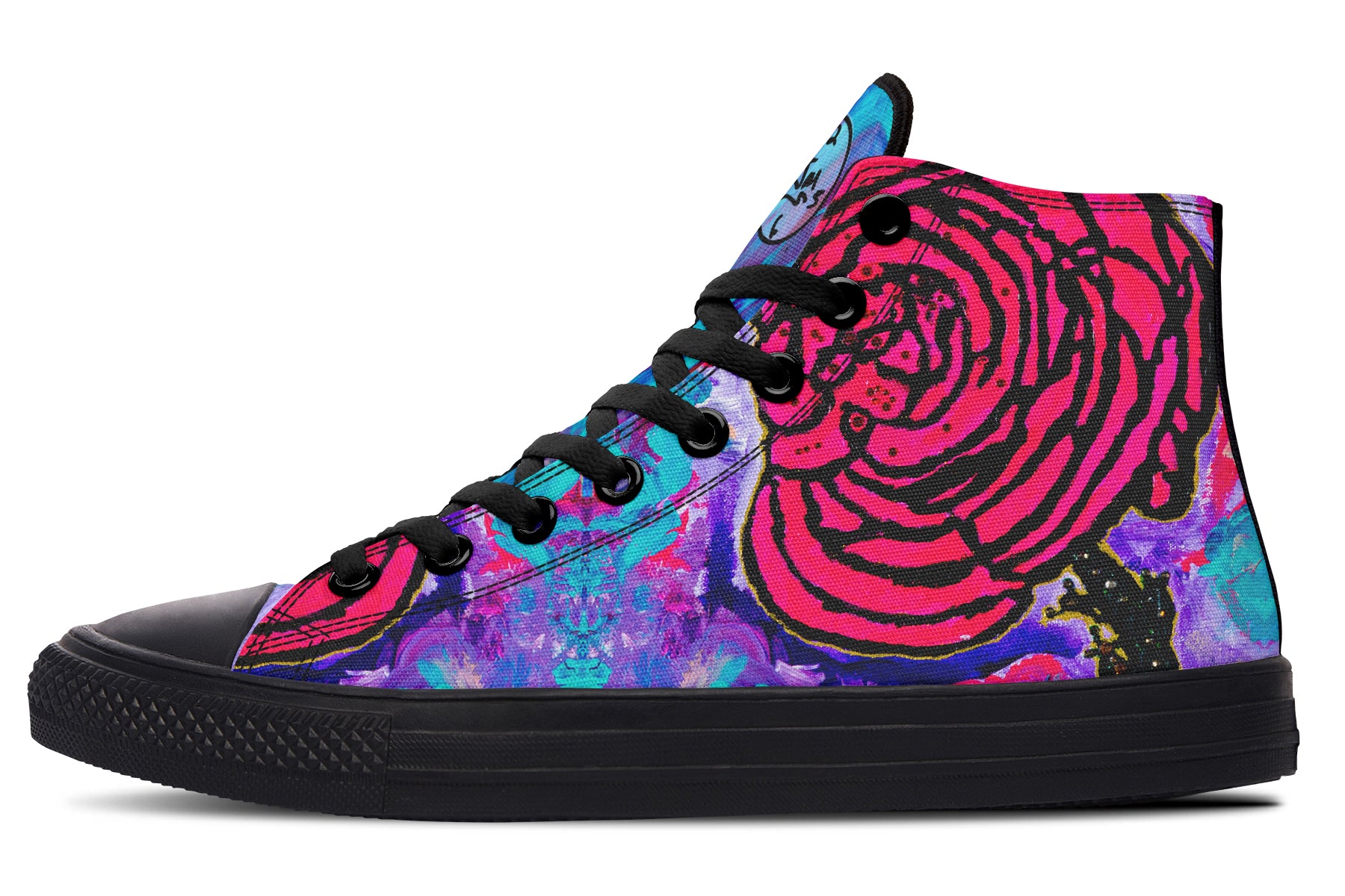 Colorful high-top sneaker with a pink rose design on a white background