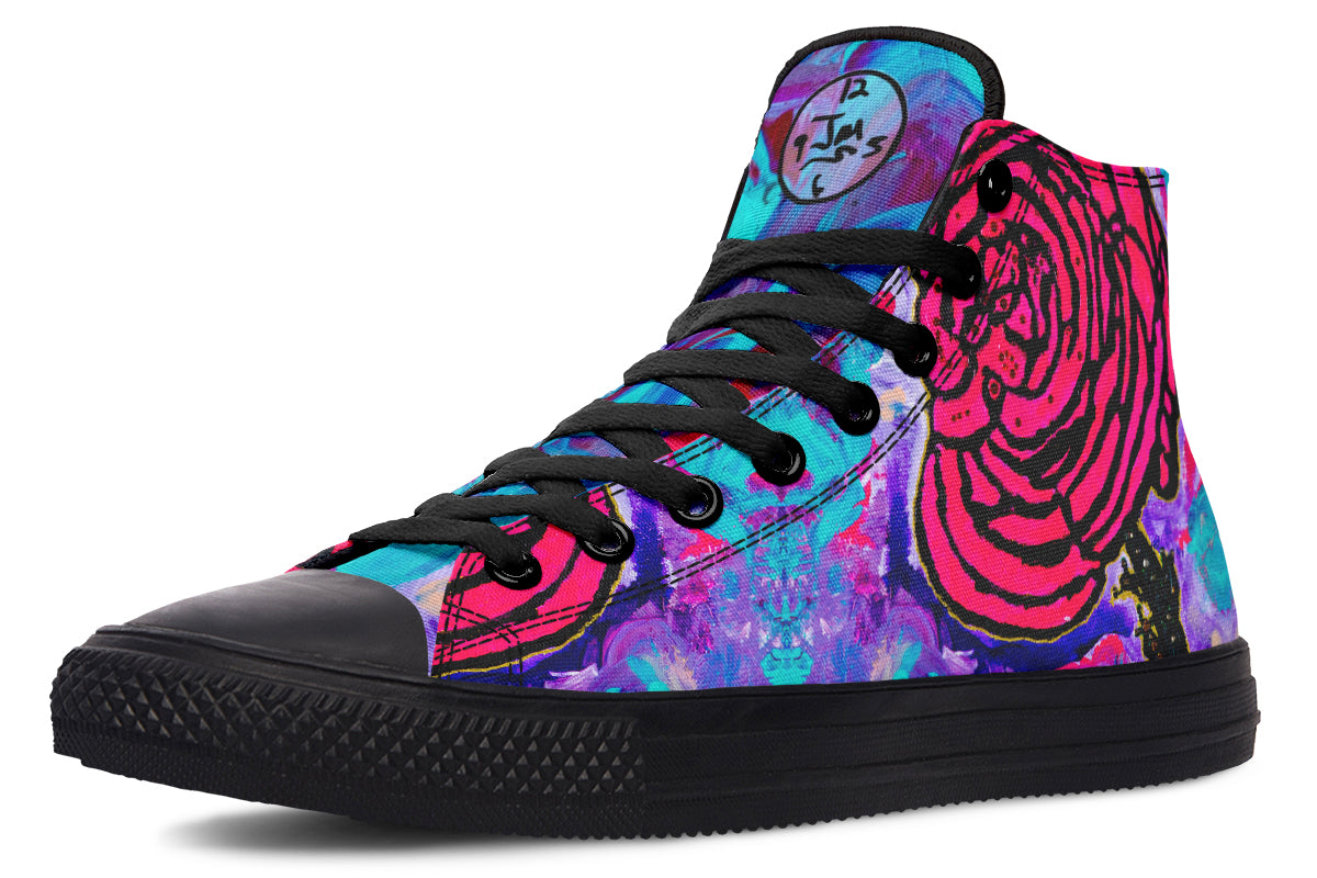 Colorful high-top sneaker with black sole on a white background