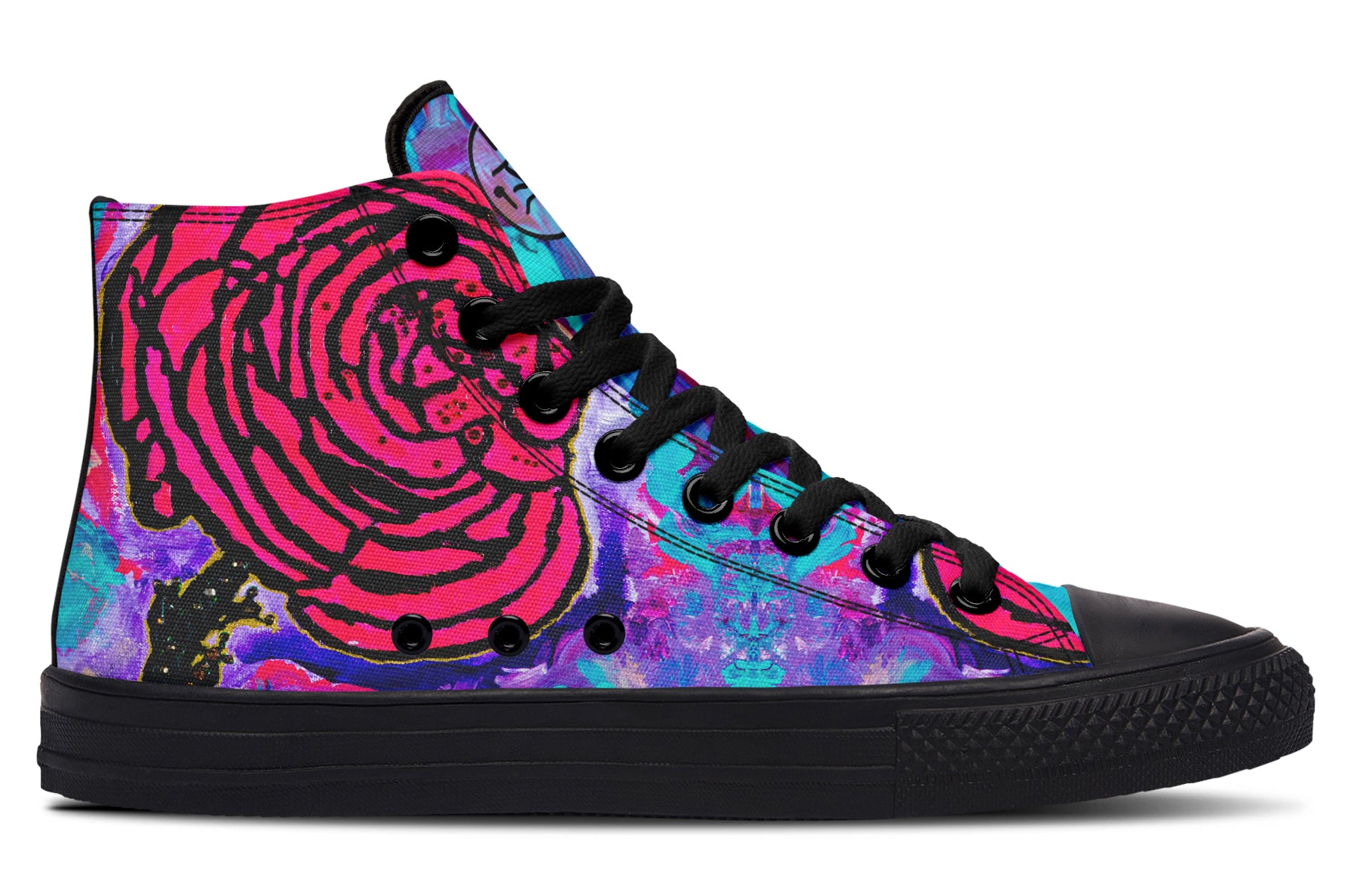Colorful high-top sneaker with a tiger design on a white background