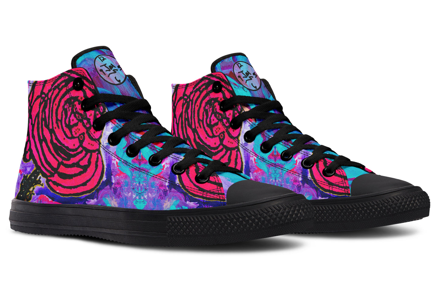 Colorful high-top sneakers with abstract design on a white background